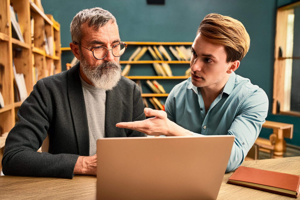 Image of an author consulting with a book editor in a workshop setting.